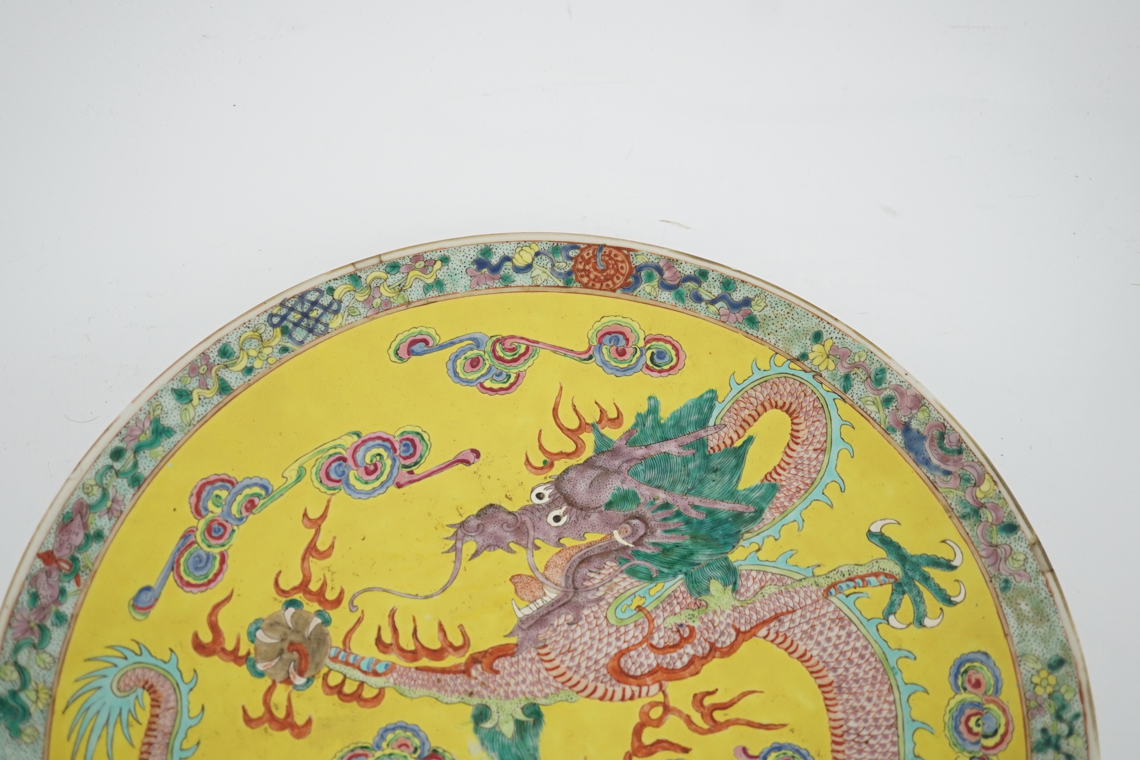 A Chinese yellow ground ‘dragon’ dish, late 19th century, minor damage